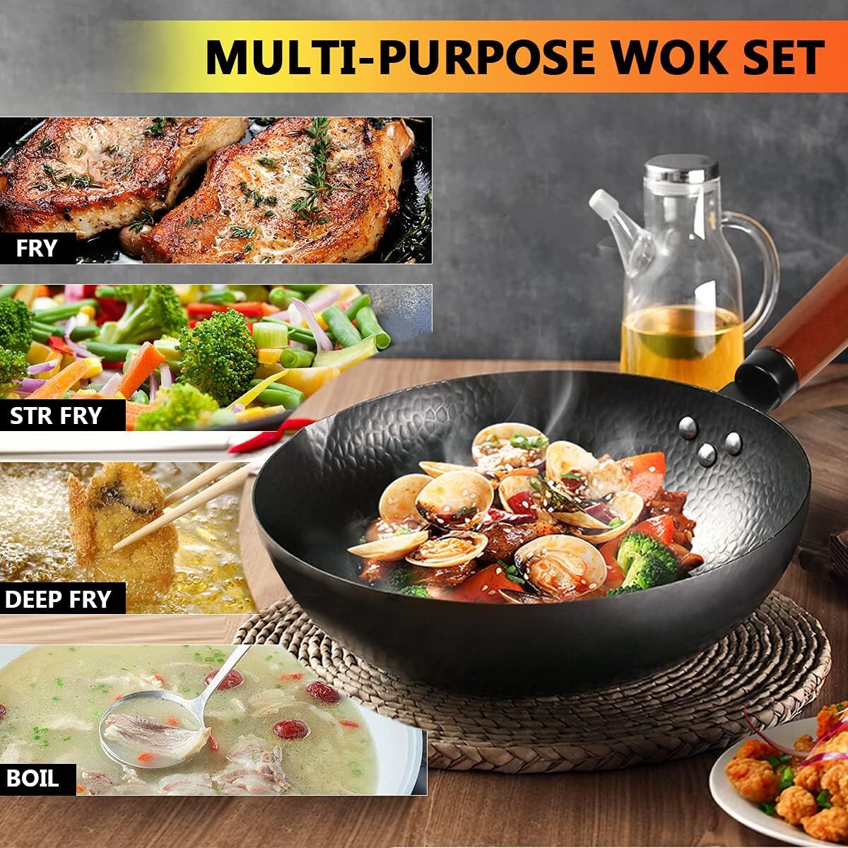 Carbon Steel Wok Pan, 14 Piece Woks &Stir-Fry Pans Set with Wooden Lid Cookwares