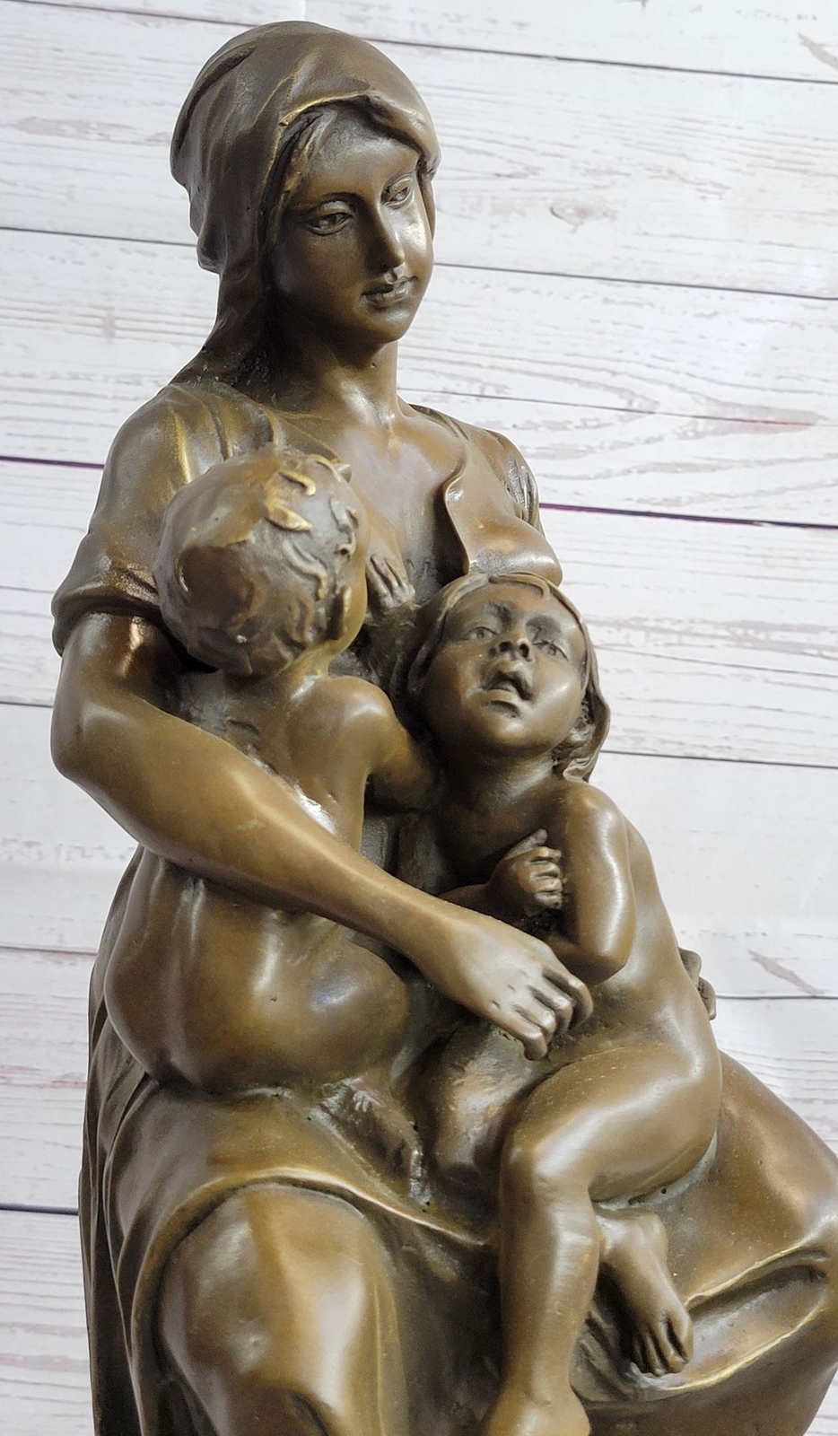 Semi Nude Bronze Sculpture Mother Breastfeeding Twins Signed Art Statue Decor