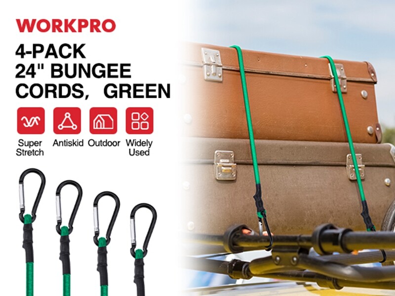 WORKPRO 24 Inch Bungee Cords with Hooks, 4 Pack Superior Rubber Heavy Duty Green