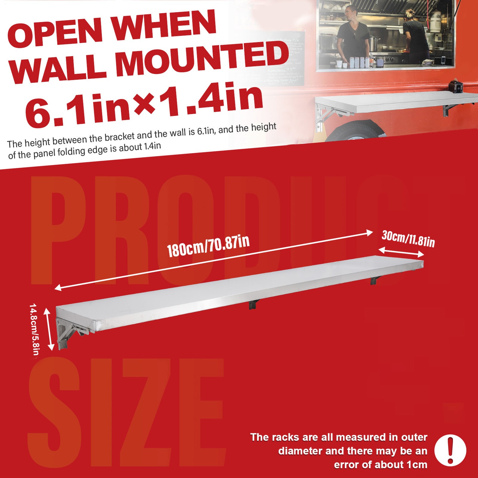 Folding Concession Shelf 70" x 12", Stainless Steel Drop Down Food Serving Stand