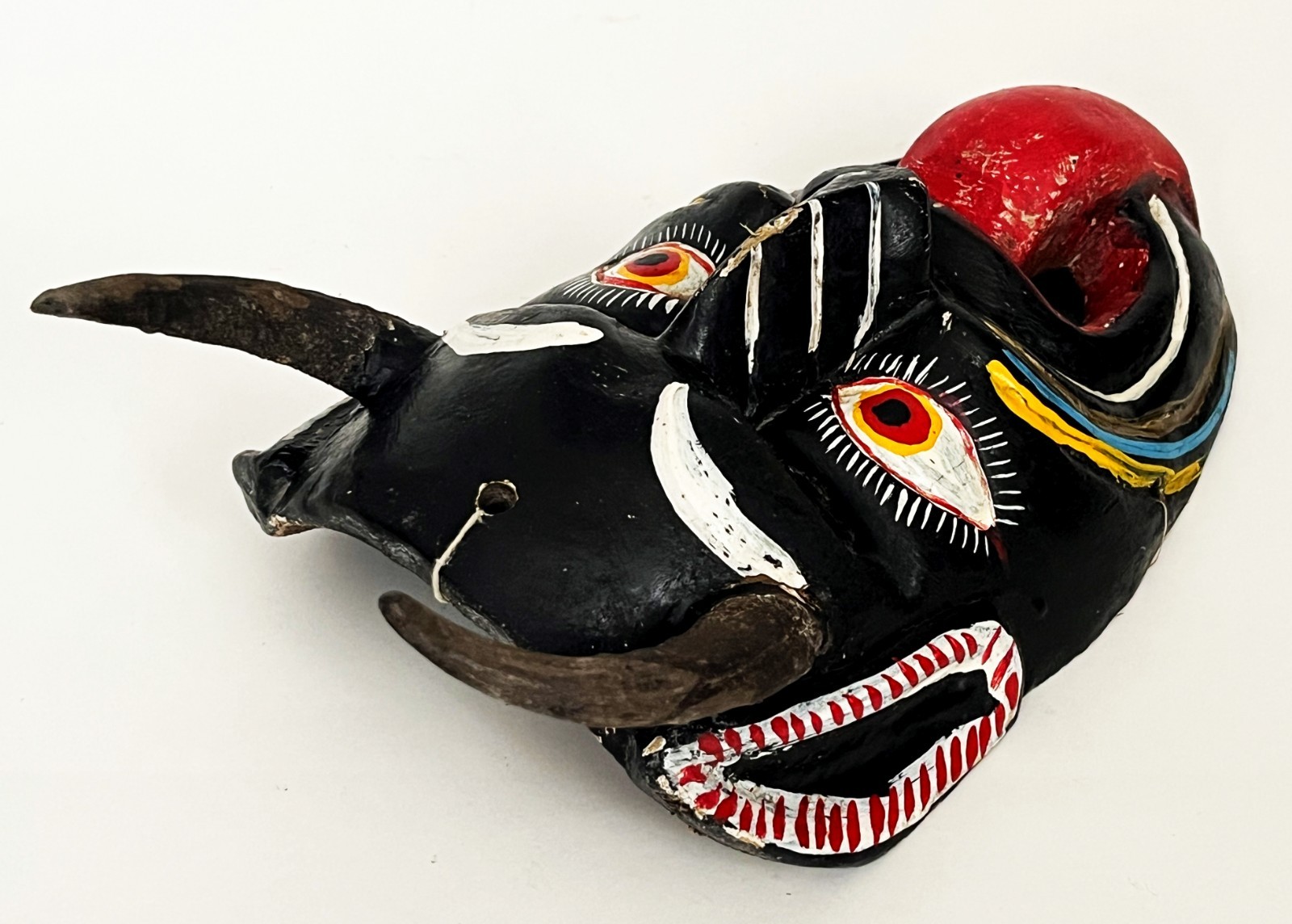 MEXICAN FOLK ART CARVED WOOD BLACK HORNED DIABLO DEVIL DEMON DANCE MASK 14 x 8"