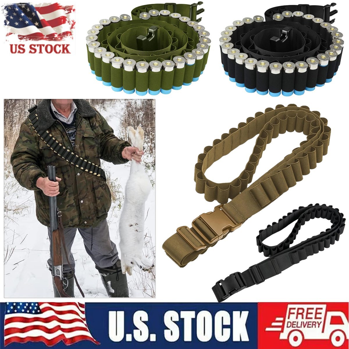 US Tactical 50 Rounds Shotgun 12/20GA Shell Bandolier Ammo Belts Holder Hunting