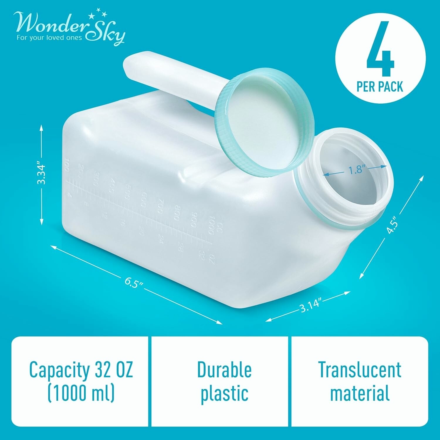 4 Pack Urinals for Men Spill Proof with Glow in The Dark Screw Cap