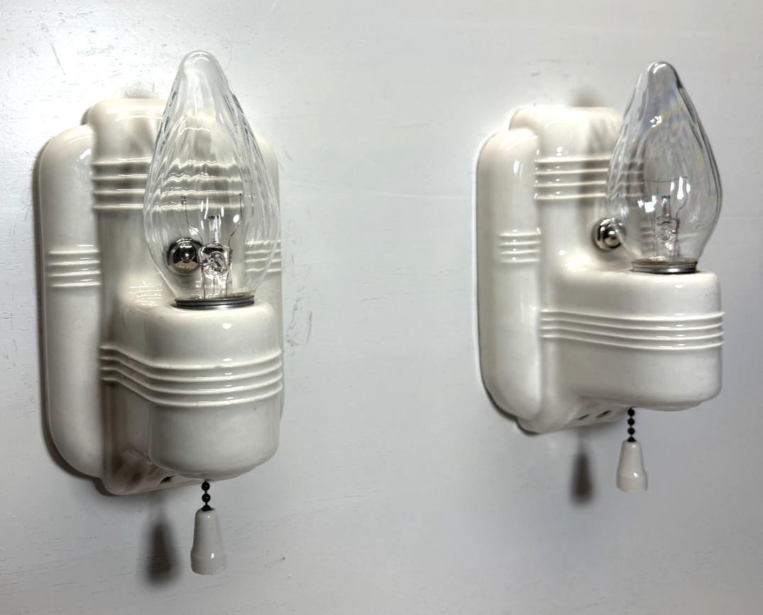 Vtg Porcelain Sconce Light Pair Paulding Ceramic Wall Fixture Art Deco USA #L59