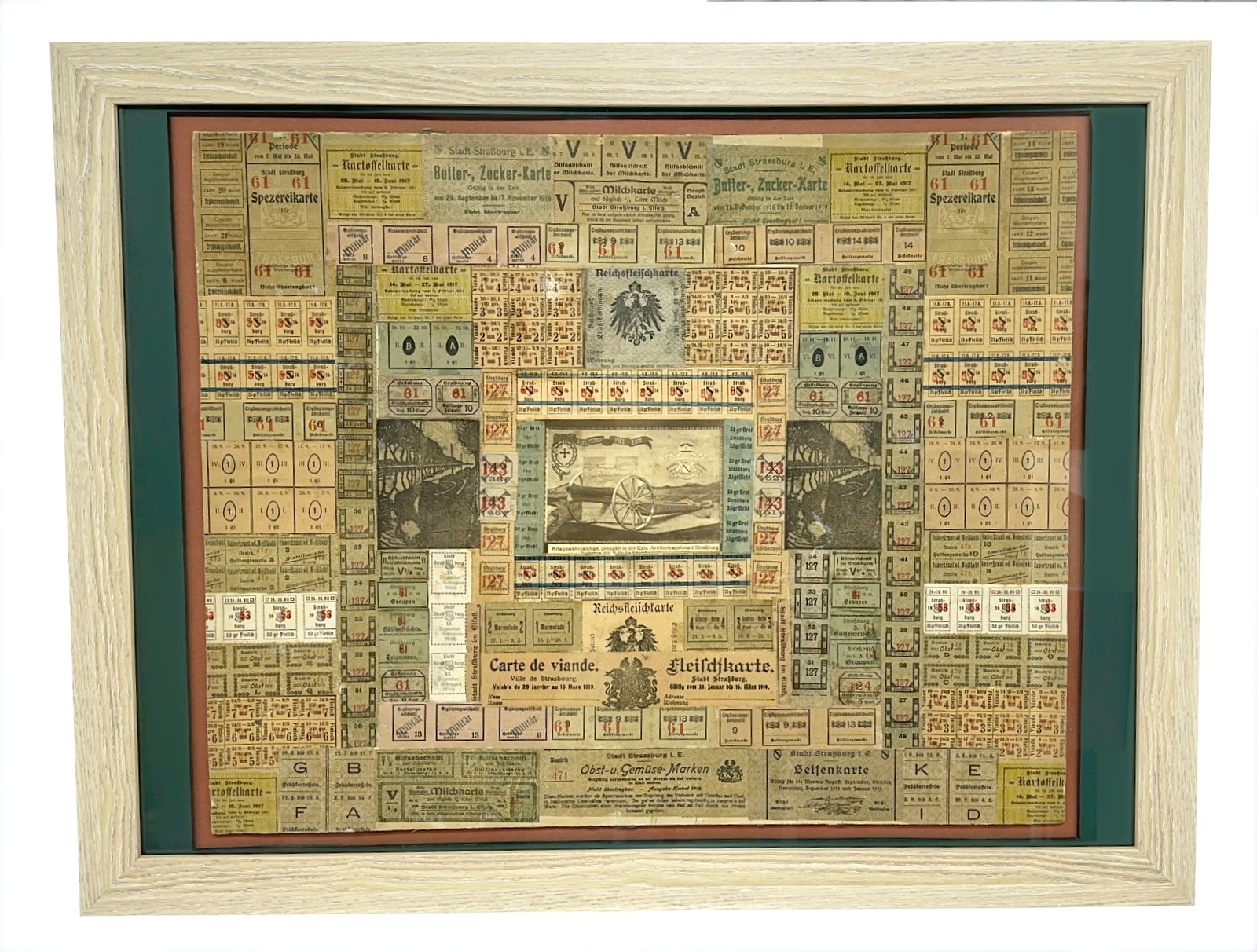 WWI Framed Ration Coupon Collage Folk Art Strasbourg Alsace Germany Trench 1917