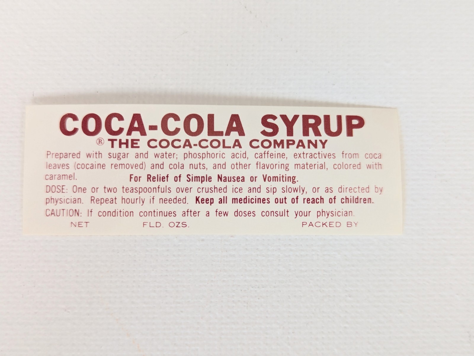 Coca-Cola Syrup Pharmacy Label "cocaine removed" 1950-60's UNUSED Gummed Back