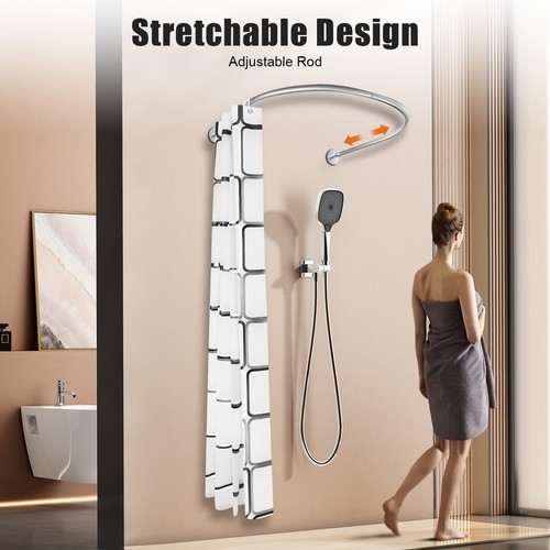Stainless Steel U Shaped Shower Curtain Rod Adjustable w/ 9.8ft*6.6ft Curtain