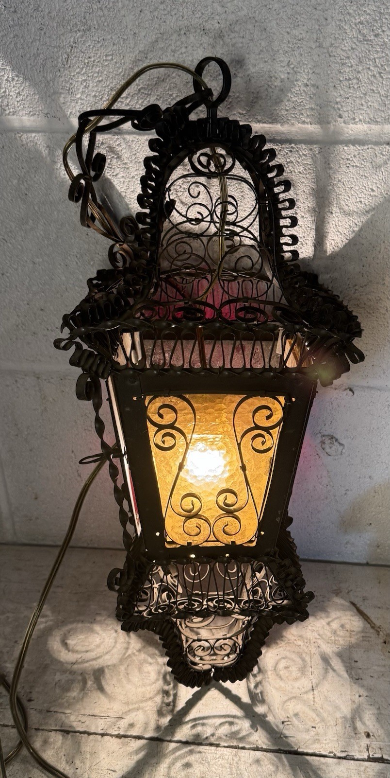 Antique Venetian Wrought Iron Lantern Hanging Electrified Light Gothic Italian