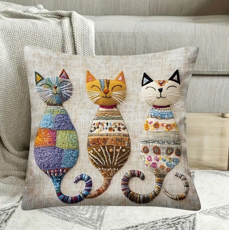 SET OF 2 - 17” - 18” 3 SOFT Cat Trio Pillowcase Farmhouse Sofa Pillow Beige Cats