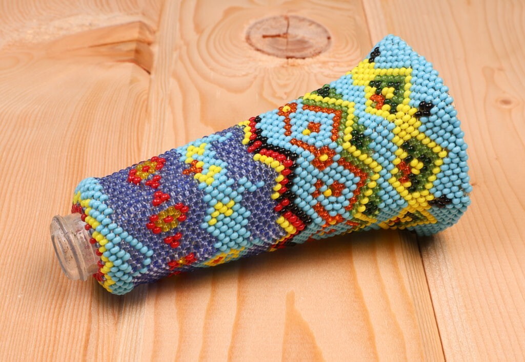 Paiute Beaded Glass / Basket / Bead-Covered Jar with Blue Field, Diamond Motif