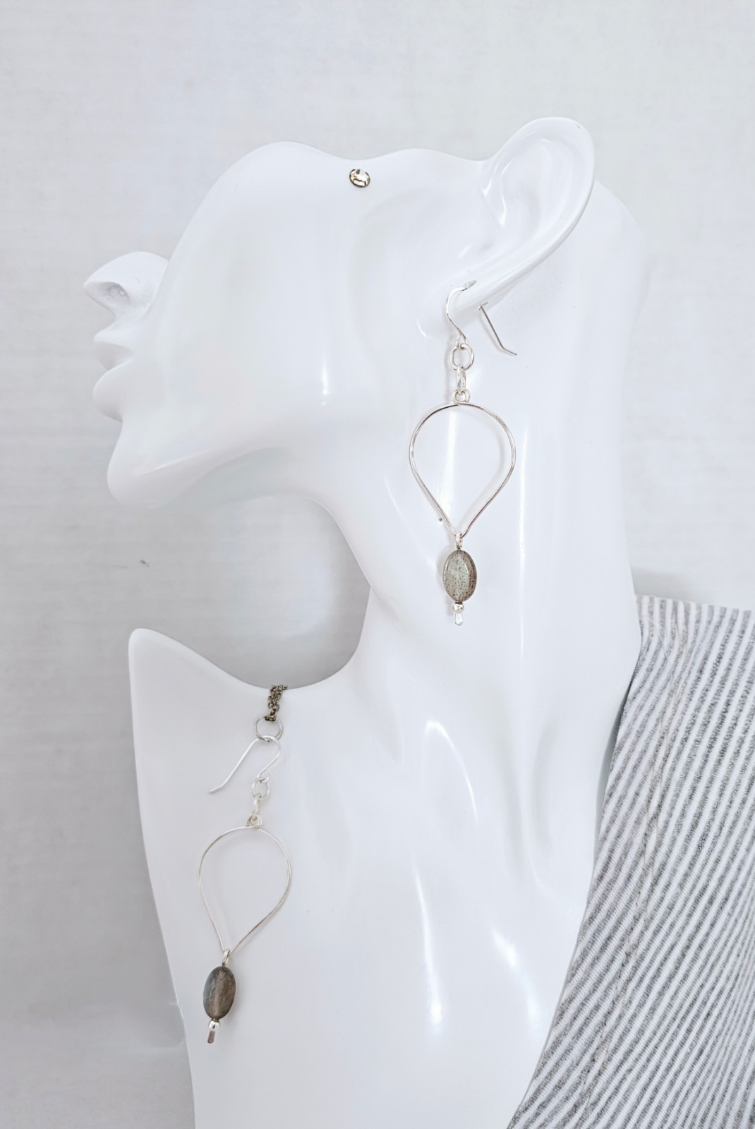 Handmade Silver Teardrop Hoop Dangle Boho Earrings with Labradorite Gemstones