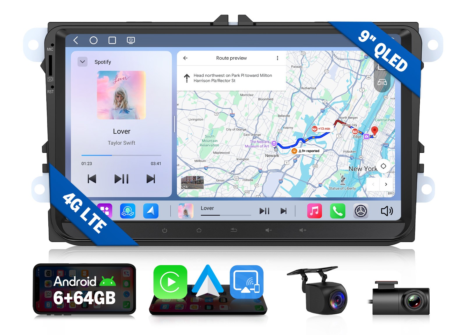 VWX6S Android 9" QLED 6+64GB for VW Tiguan Car Stereo Radio CarPlay GPS+CAM+DVR