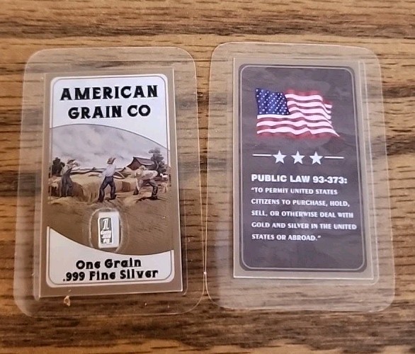 Emergency Barter 1 Grain .999 Fractional Silver Bar Card American Grain Co.