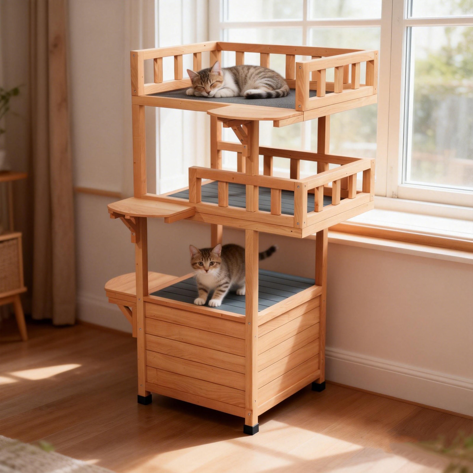 Modern Cat Tree Tower for Large Cats wooden Luxury Cat Condo Wood Feral House