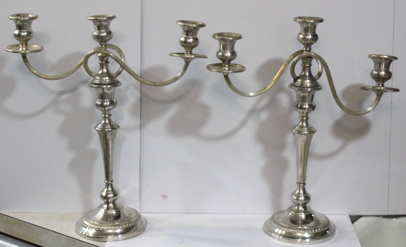 Pair Sterling Silver Preisner Candelabra Georgian 3 Arm Candlesticks 16" #743