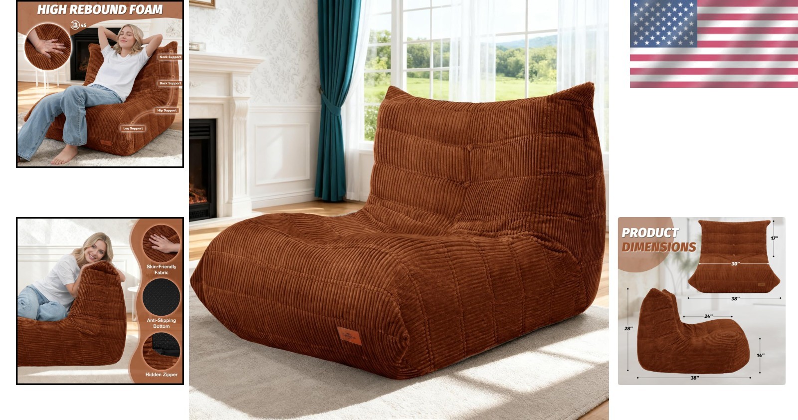 Soft & Durable Bean Bag Chair: High-Rebound Corduroy Sofa for Home Relaxation