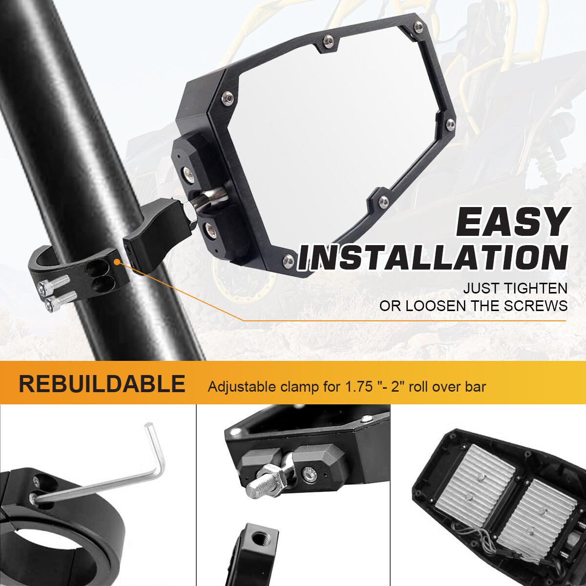 2PCS UTV Side Rear View Mirrors w/ Light+LED Dome Lights For Can Am Maverick X3