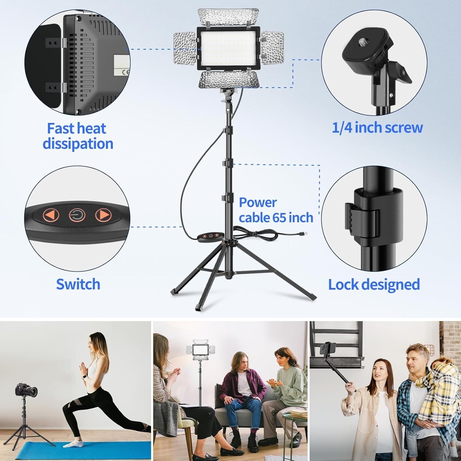 2 Pack LED Video Photography Lighting Kit with 54'' Tripod Stand, Dimmable 5600K