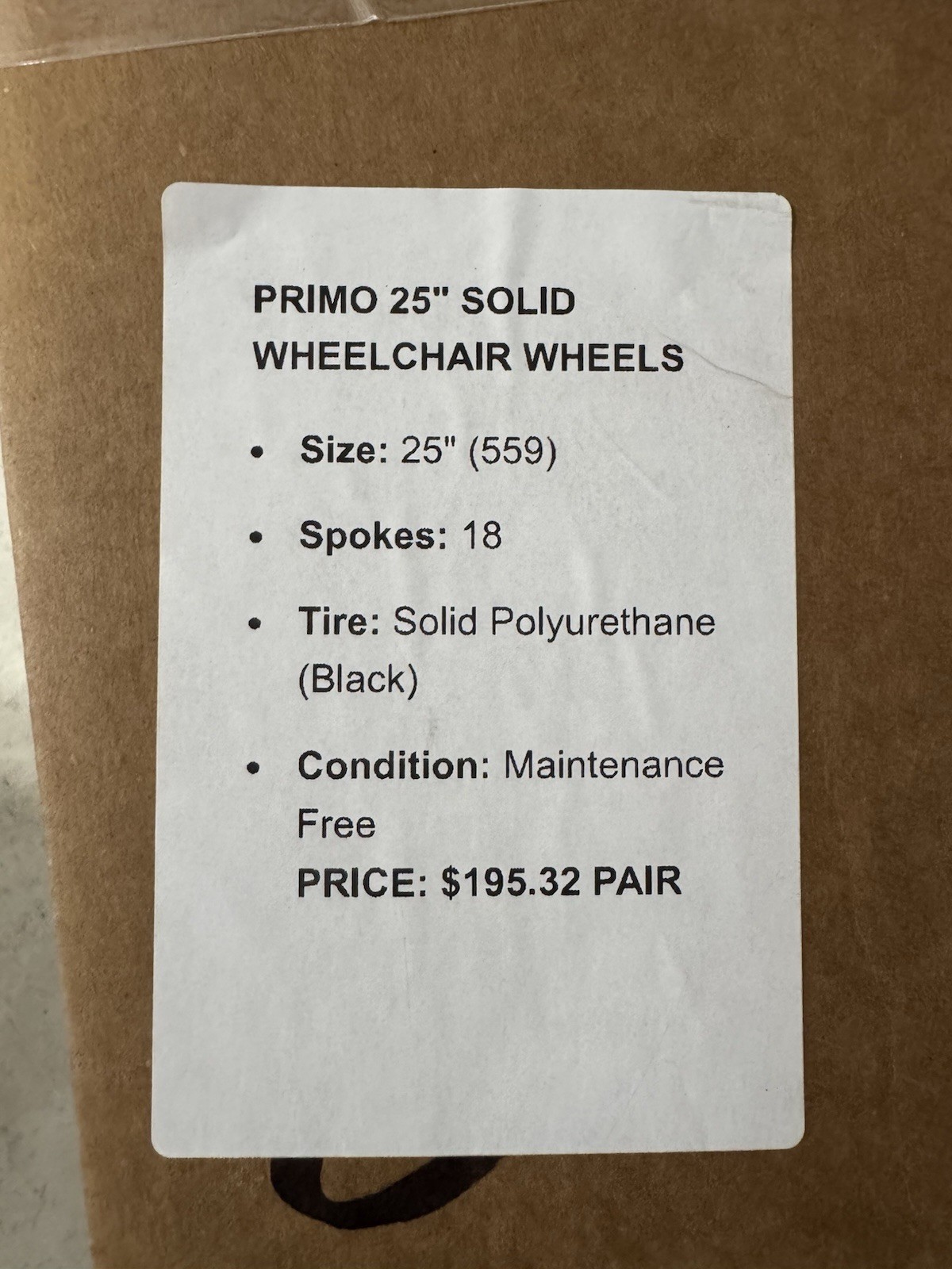 25” (559) Primo 18 Spoke Wheelchair Wheels Solid Polyurethane Tires No Markings