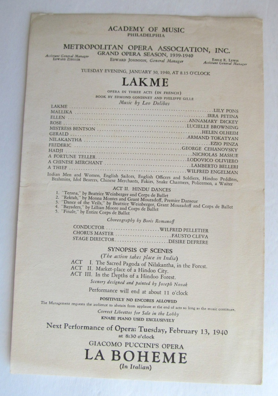 Program - Lakme - 1940 - Metropolitan Opera Philadelphia - Pons, Pinza