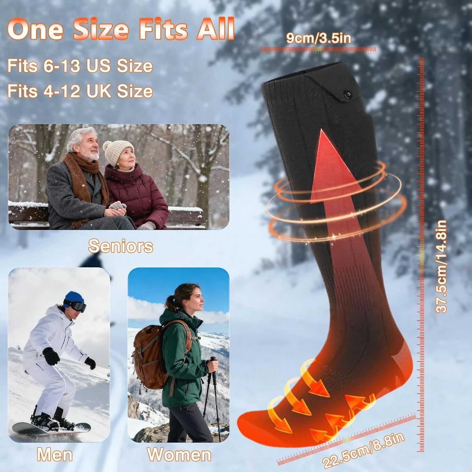 6000mAh Electric Heated Socks Foot Winter Warm Hunting Sock Rechargeable Black L