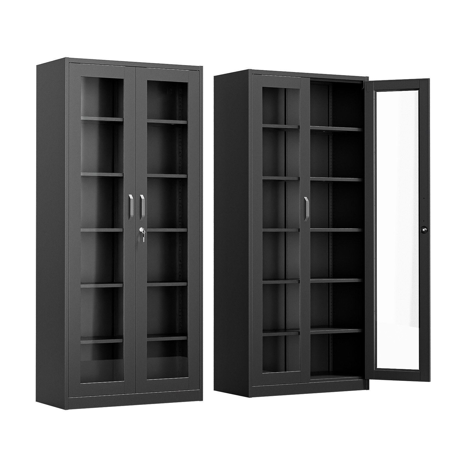 71" Tall Lockable Display Cabinet with Glass Doors & 5 Adjustable Shelves Black