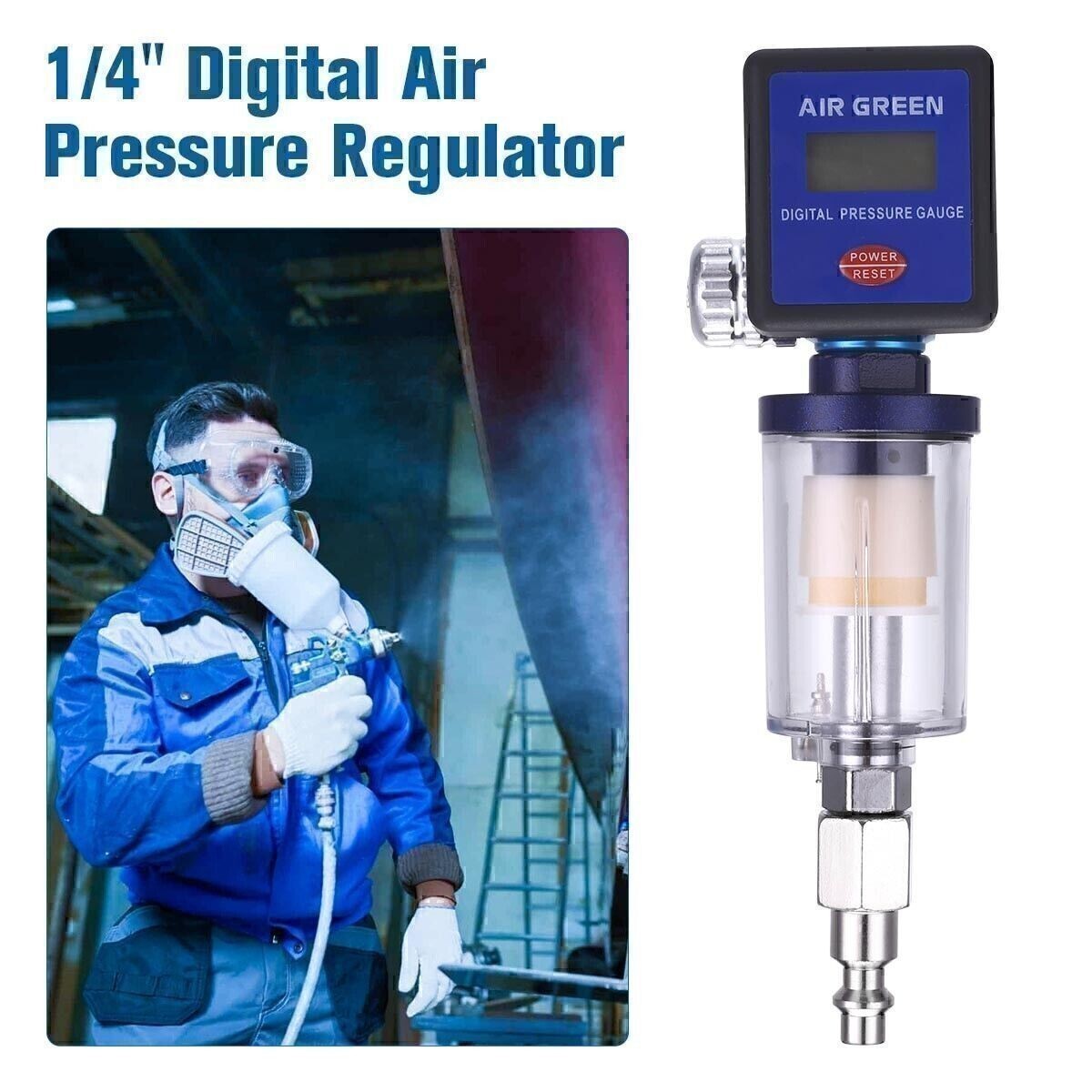1/4" Air Flow Regulator Digital Pressure Gauge Filter Tool For Paint Spray Gun