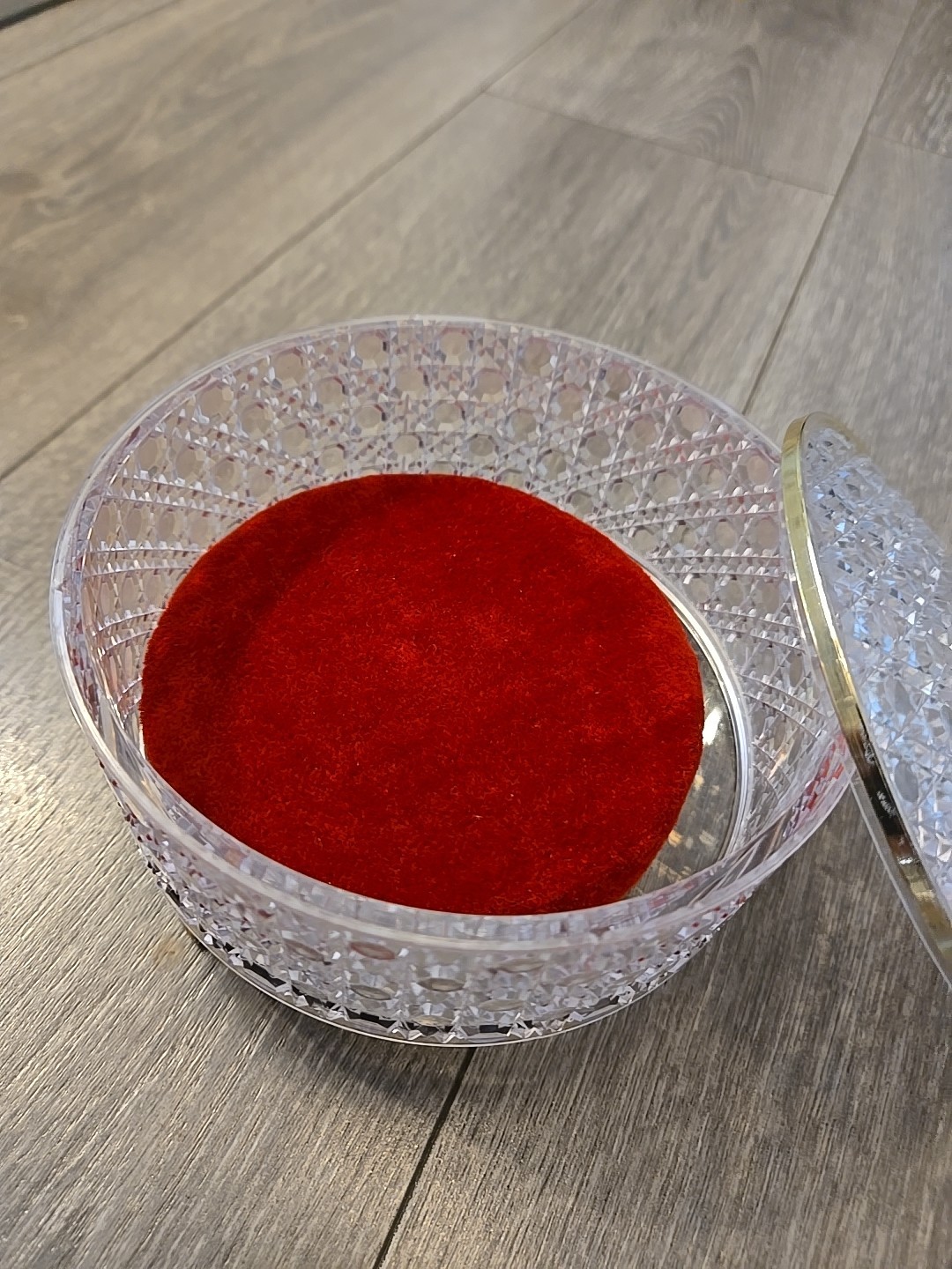 Vintage Avon Powder Box Hollywood Regency Cut Crystal Plastic w Red Puff Vanity