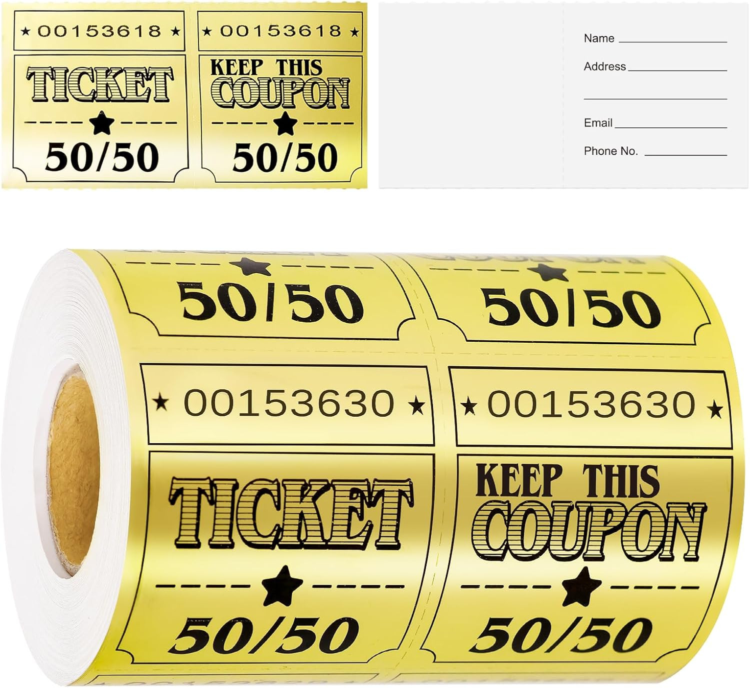 Large 50/50 Raffle Tickets Double Roll 300Pcs Gold Glitter Cards Tickets for Hap