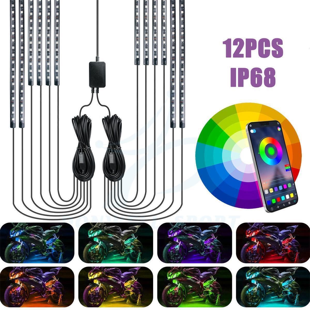 12PC RGB Bluetooth Motorcycle LED Light Under Glow Neon Strip Remote Control Kit