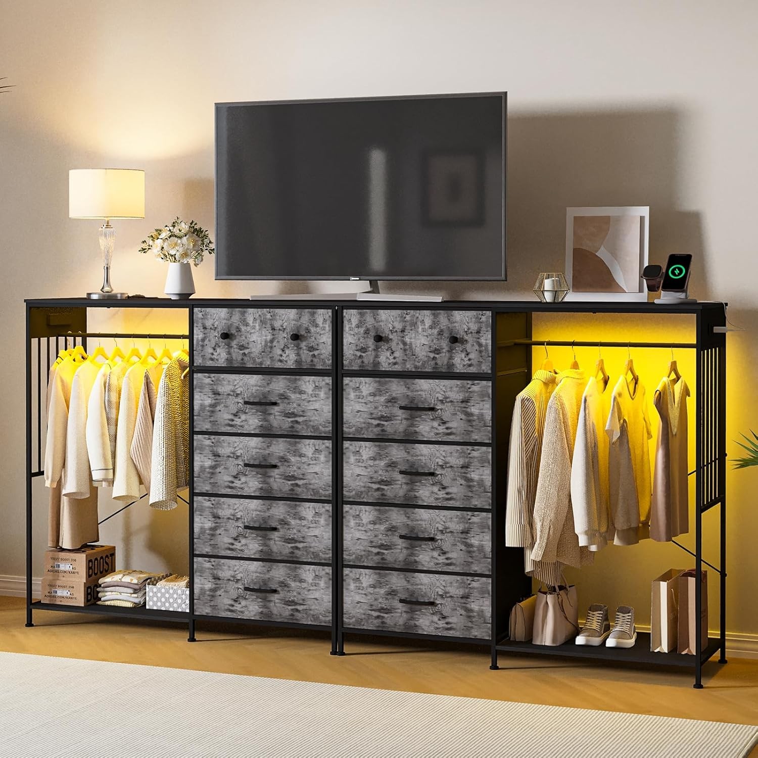 Bedroom Storage Center, Dresser/Wardrobe Combo with Hanging Rack, LED Lights