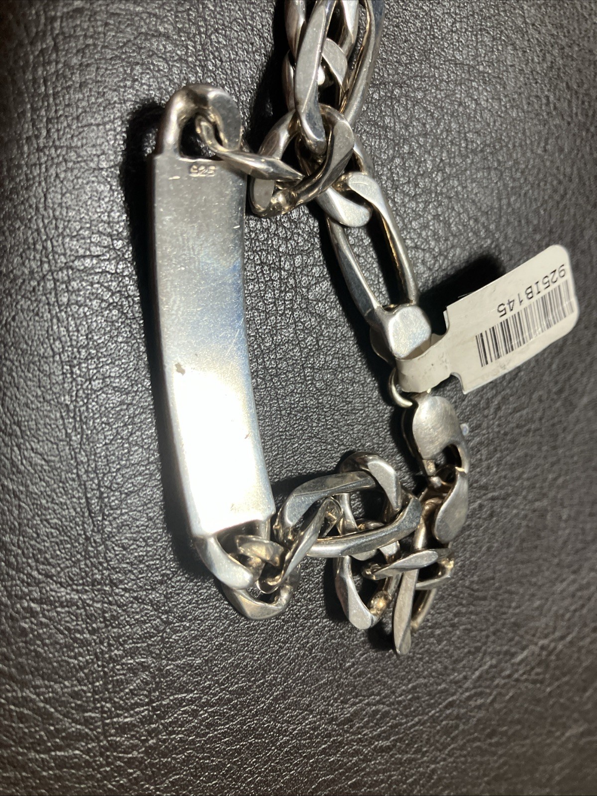 Sterling Silver 925 Figaro ID Men’s Bracelet 29 Grams 9 Inches Natural Patina