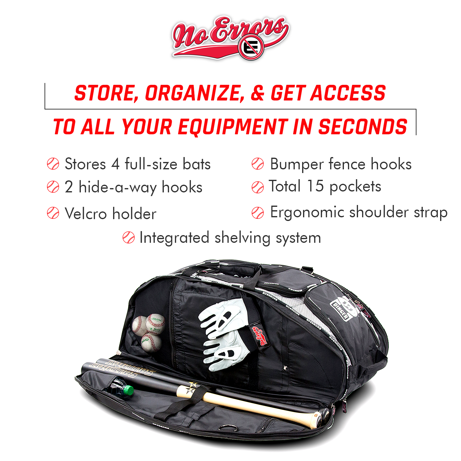 No Error Sports Dinger Baseball Bat Bag with Wheels -15 pocket baseball gear bag