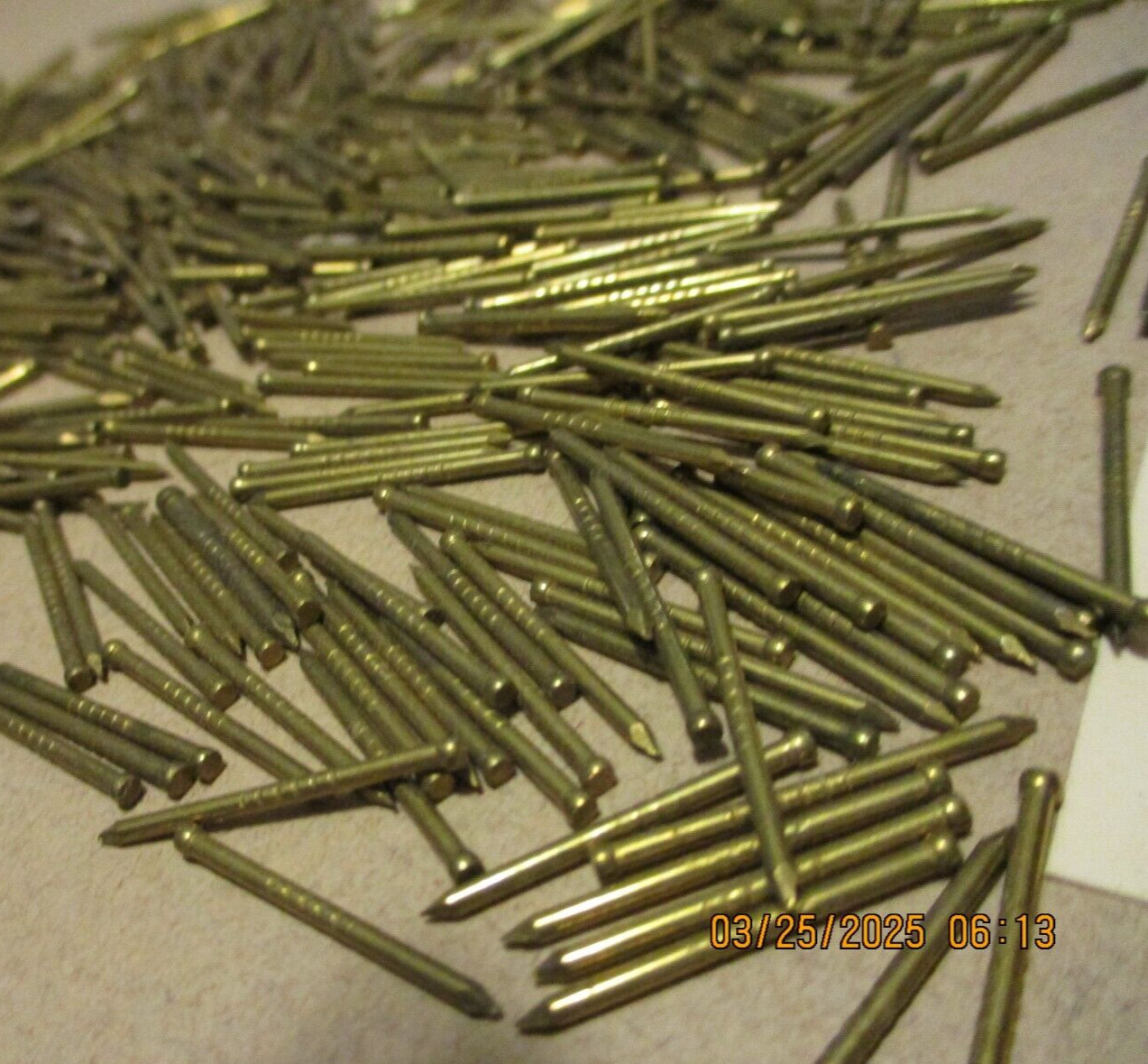 125 - ORIG. VINTAGE, 3/4" X 1/16" - SOLID BRASS FINISH NAILS MADE IN U.S.A.