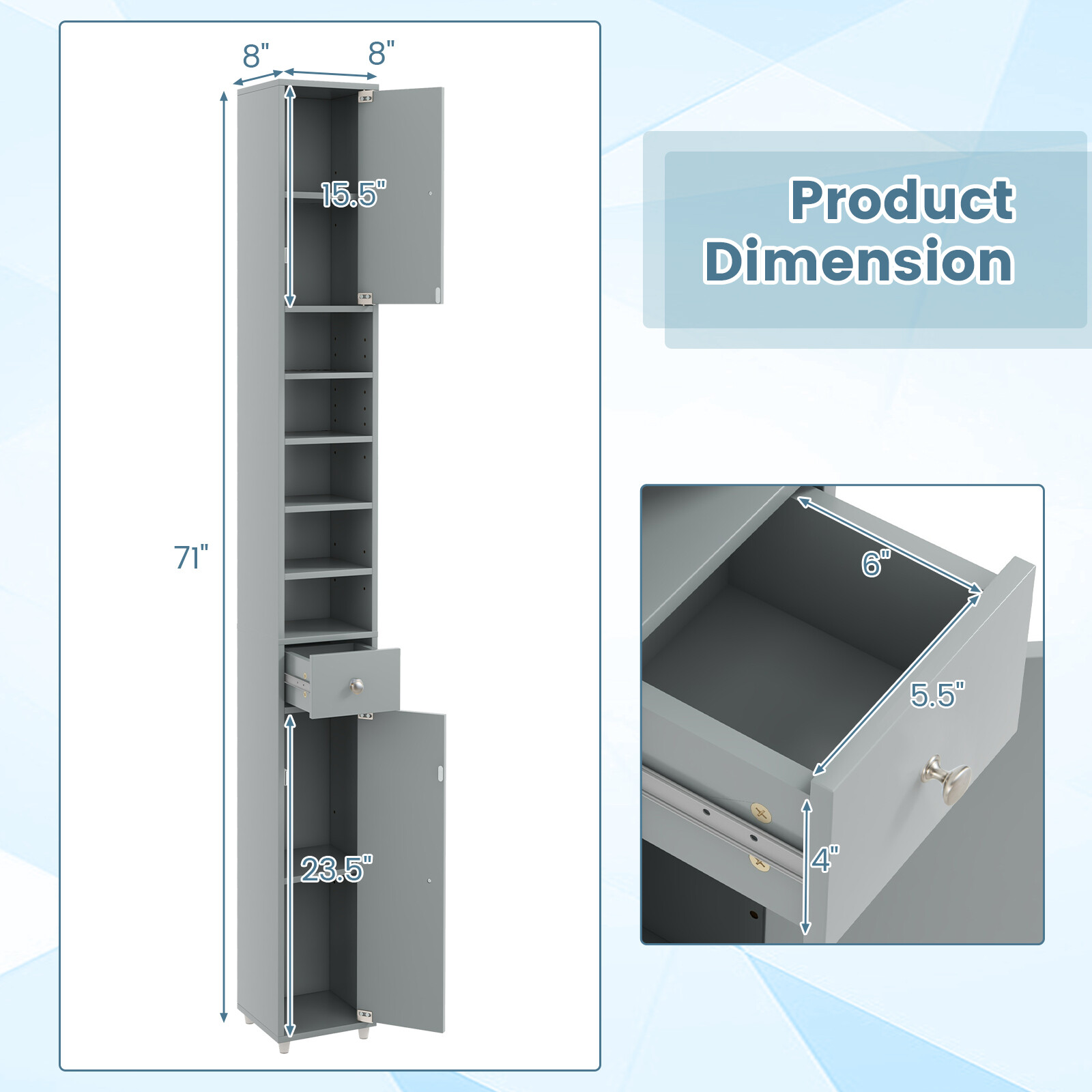 Tall Slim Bathroom Storage Cabinet Linen Tower w/Drawer Adjustable Shelves Gray