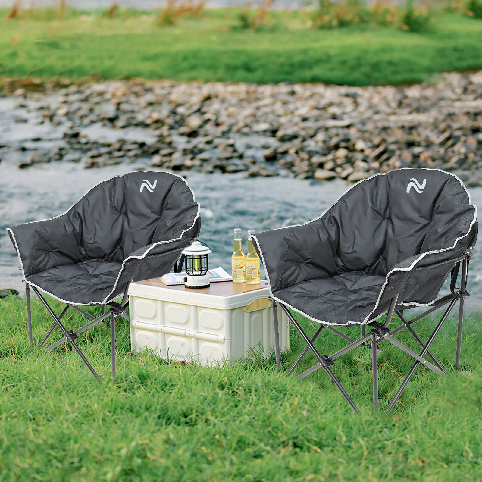 Oversized Heavy-Duty Club Folding Camping Chair w/ Pocket Moon, Round, Saucer