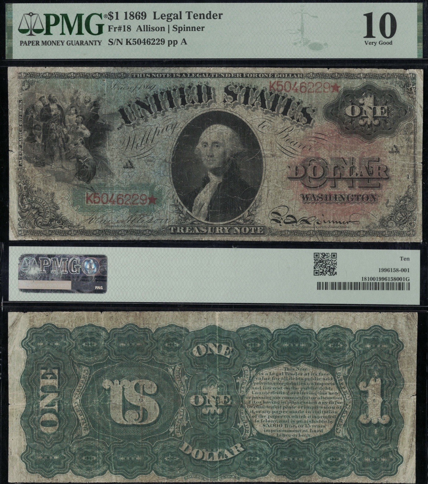 SC 1869 $1 Fr.18 “Rainbow” Legal Tender - Comment Free! PMG 10 Very Good