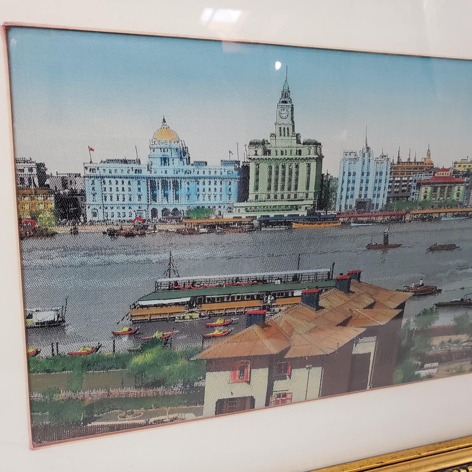Vintage Shanghai The Bund Silk Woven Panorama Framed Historical Waterfront Art