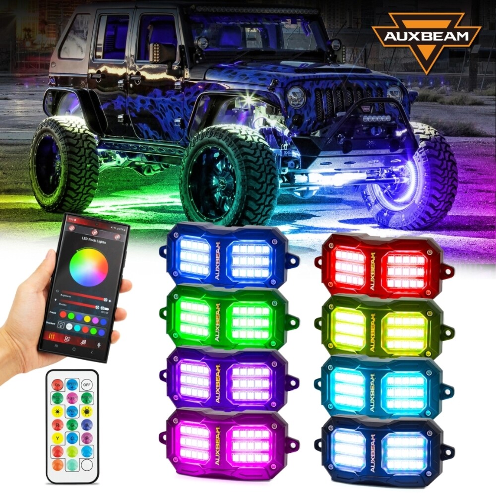 AUXBEAM 8 Pods RGB LED Rock Lights Kit Underglow Neon Light 120W Super Bright
