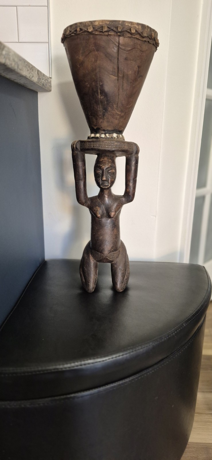 African Luba Female Wood Statue With Drum 21"H 7.5"W