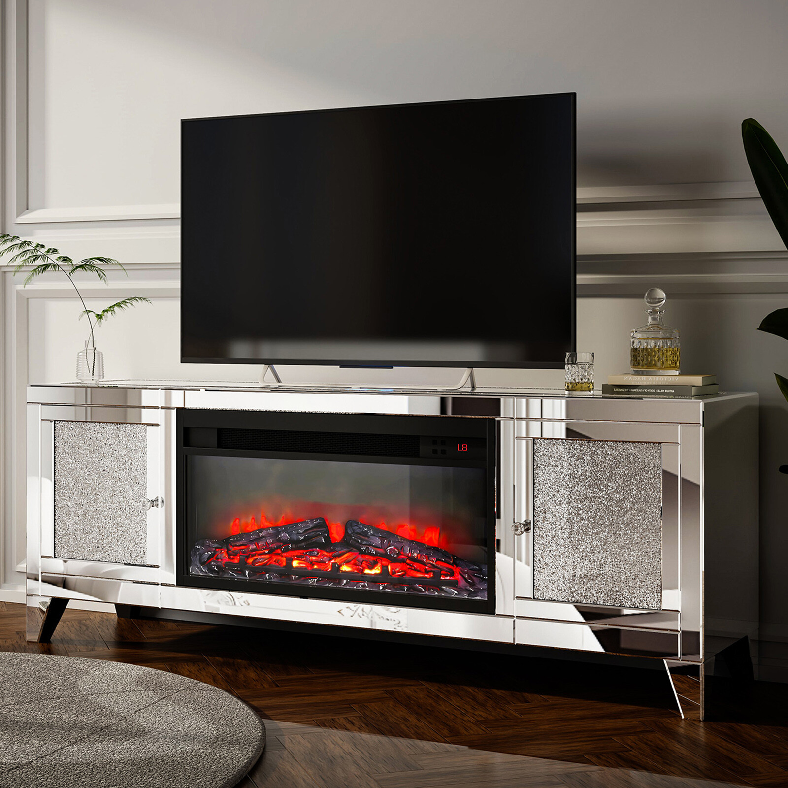 COSVALVE 59"Mirrored Fireplace TV Stand Entertainment Center Crush Diamond 2Door