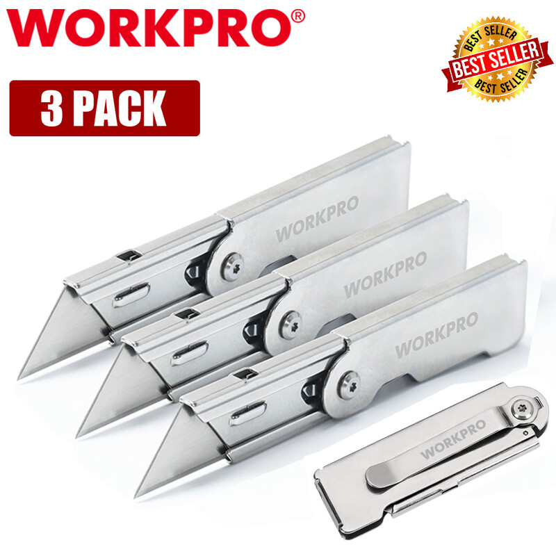 WORKPRO 3PC Compact Folding Utility Knife Lock Back Box Cutter Clip Pocket Knife