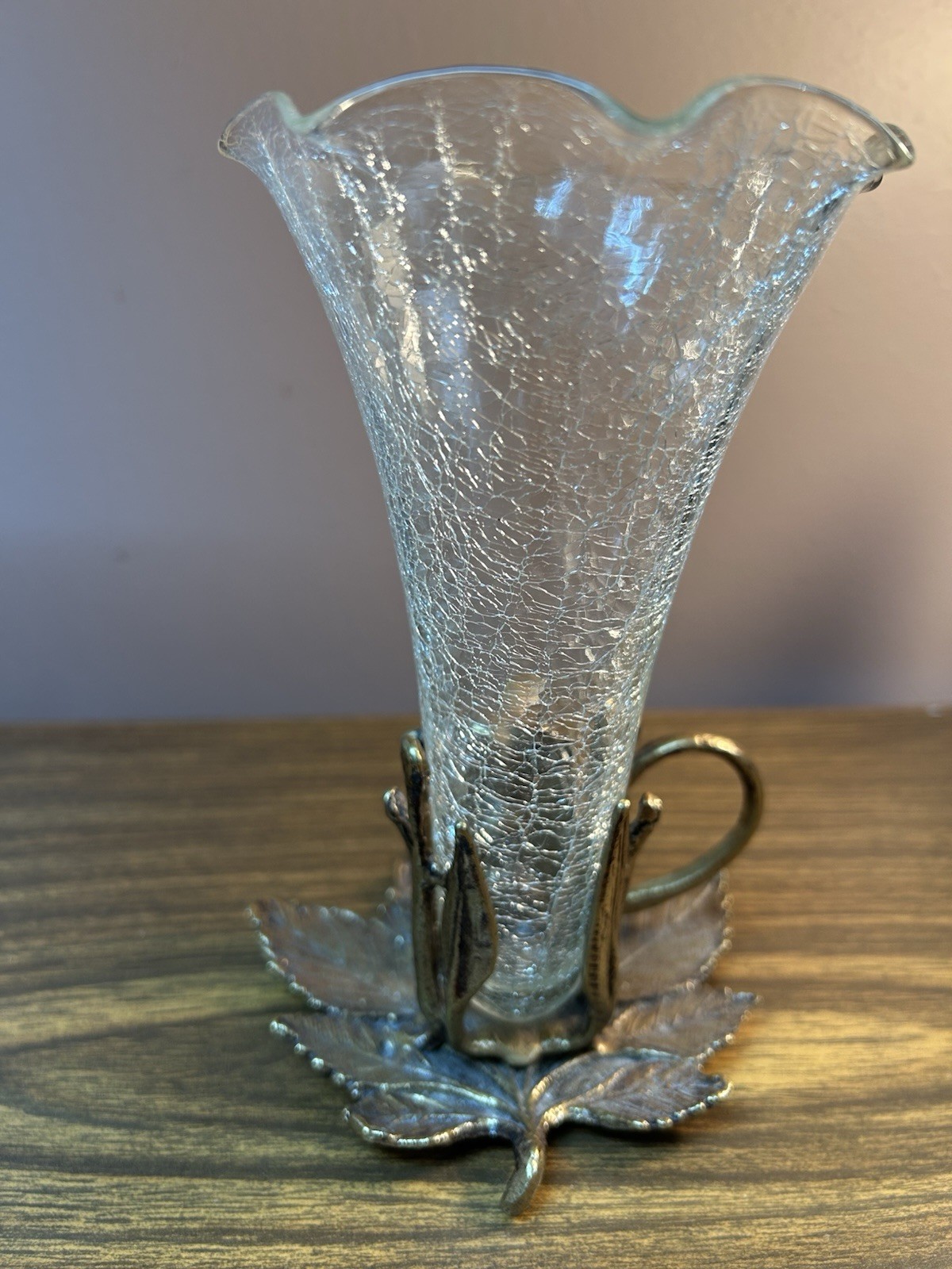 Vintage GATCO Solid Brass Mouse Bud Vase with Crackle Glass Insert