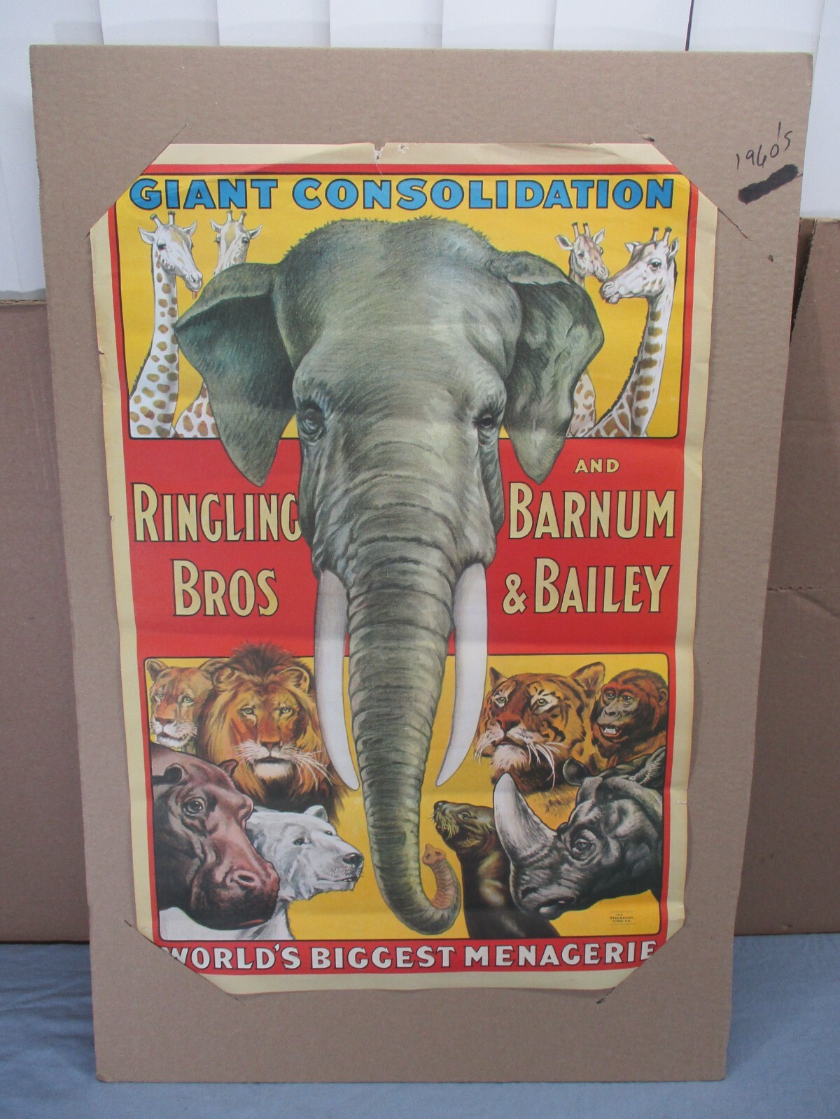 Vtg 1960s Ringling Bros Barnum Bailey Giant Consolidation Circus Animals Poster