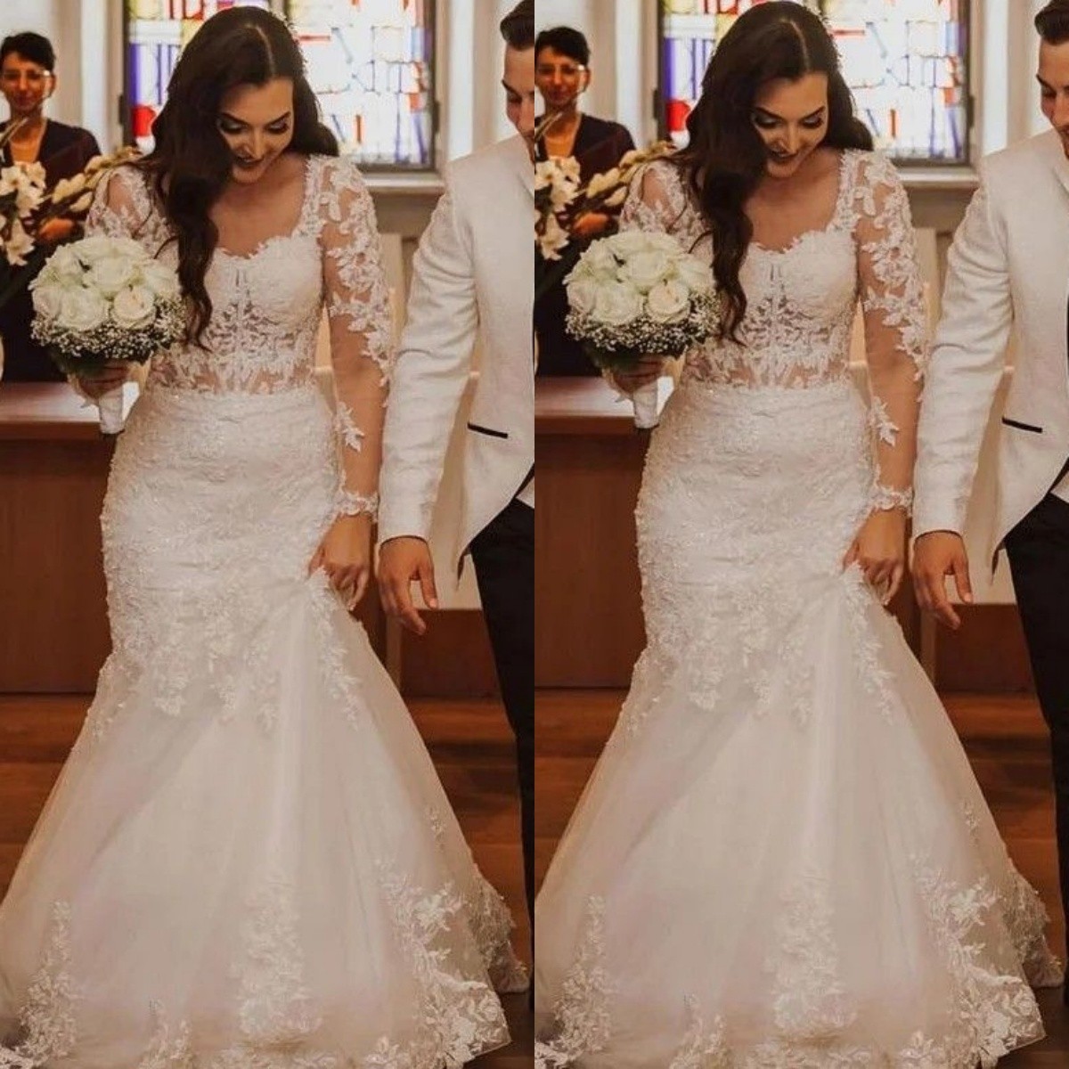 Mermaid Wedding Dresses Long Sleeves Church Tulle Lace Classic Bridal Gowns