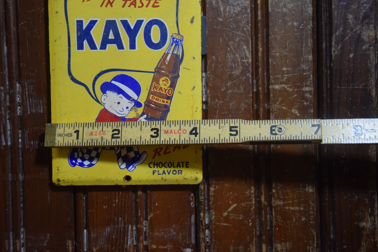 KAYO CHOCOLATE DRINK PAINTED METAL SIGN BOTTLE BOWLER MOON MULLINS CIRCA 1950s