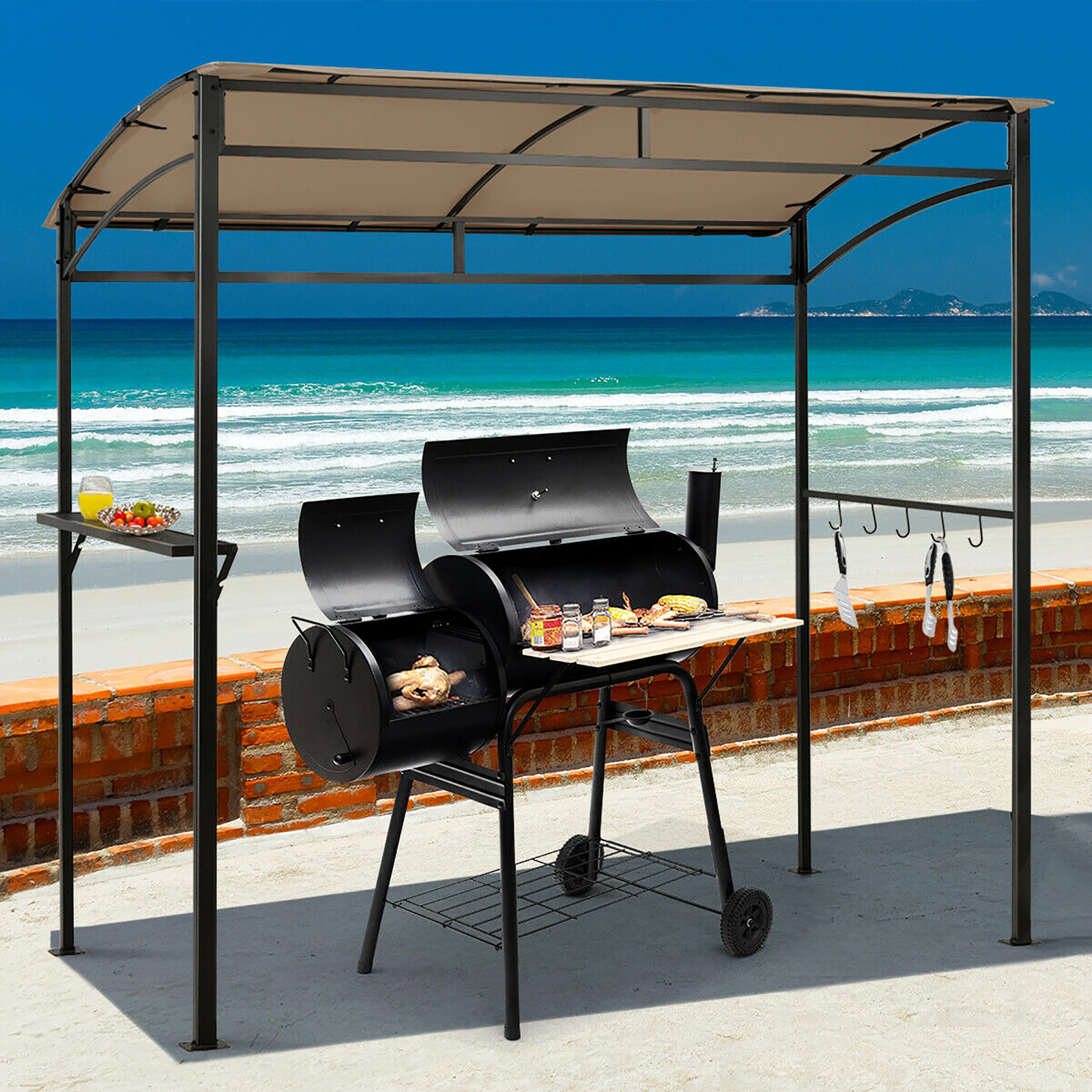 7'x4.5' Grill Gazebo Outdoor Patio Garden BBQ Canopy Shelter Storage Hook Brown