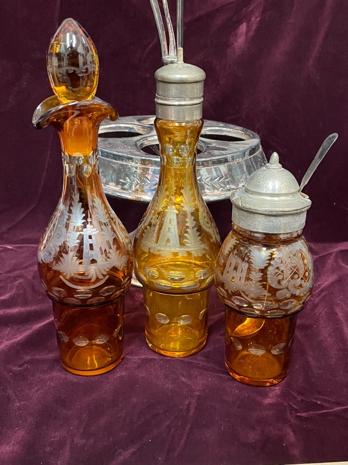 Antique 1800's Wilcox Silver Plate Cruet Condiment Set 3 Etched Amber Bottles