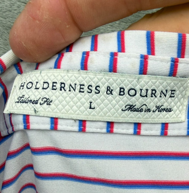 Holderness Bourne Mens "The Sutton" Polo Shirt Sz L Red Striped Golf Performance