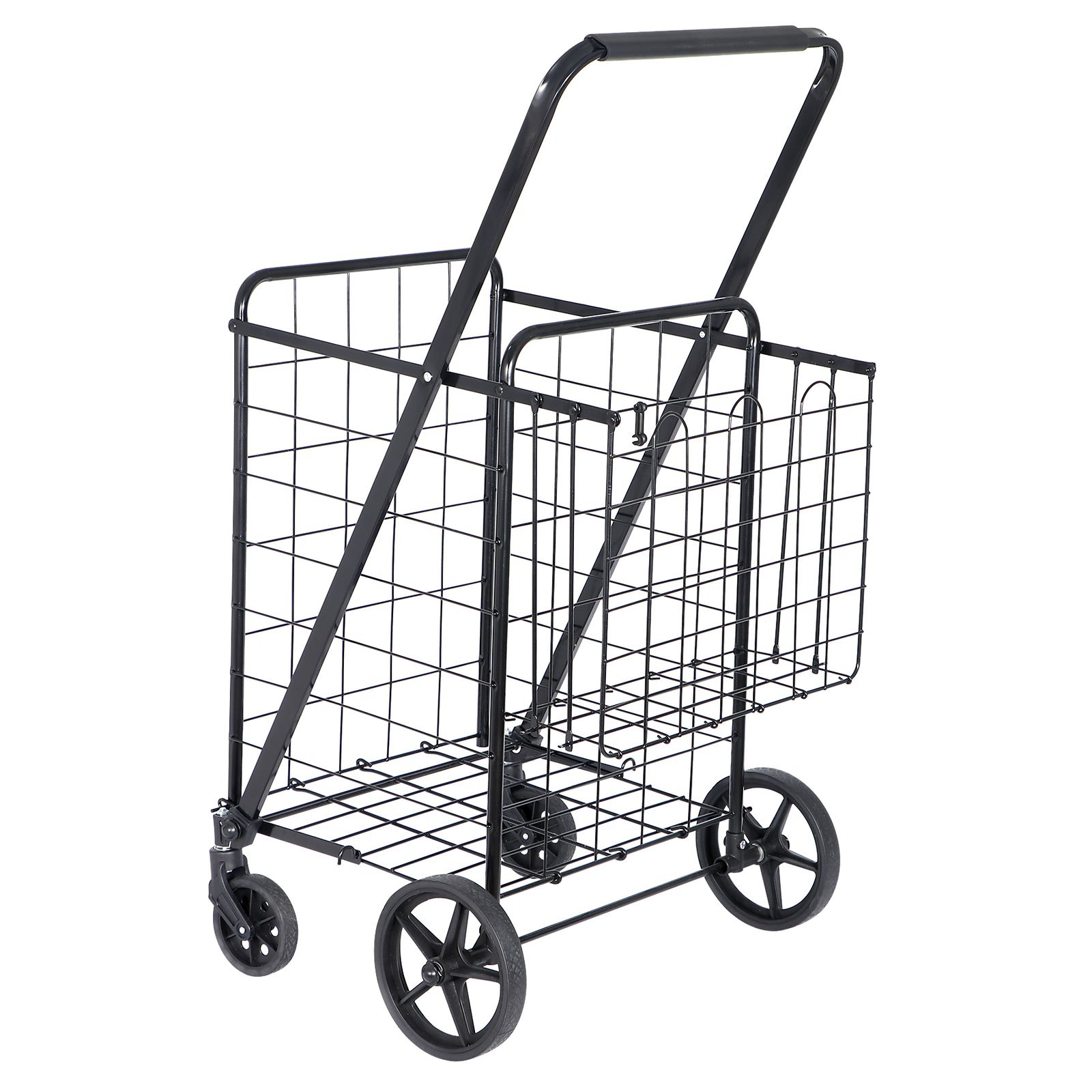 Portable Folding Shopping Cart Double Basket for Grocery Laundry W/Wheels Black